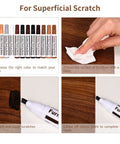 Heavy Duty Furniture Repair Kit Wood Markers And Wax Sticks For Crushing Bad Scratches and Deep Gouges Touch Up Tools For Hardwood Floors Desks Tables 25 Piece Set showing application steps.