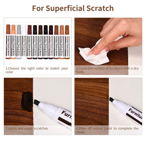 Heavy Duty Furniture Repair Kit Wood Markers And Wax Sticks For Crushing Bad Scratches and Deep Gouges Touch Up Tools For Hardwood Floors Desks Tables 25 Piece Set showing application steps.