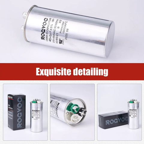 Dual Run AC Capacitor 45 Plus 5 UF 370 440V CBB65 UL Listed Round Start Capacitor for Air Conditioner Condenser or Heat Pump Systems Easy Replacement for Compressor and Fan Motors, detailed view.