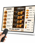 Sleek Digital Menu Board delivers eye catching multicolor graphics showcasing burger and drink options with remote control.