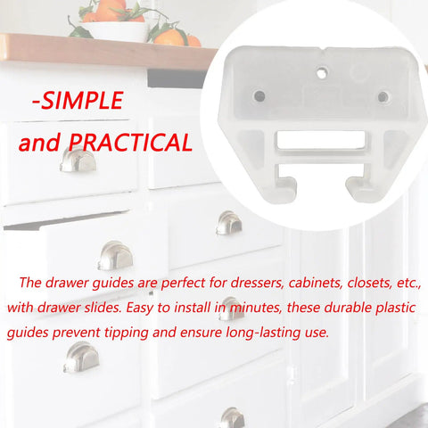 Close-up of a 12 Piece Plastic Drawer Guides With Mounting Screws, Center Mount Glide Rails For Dressers And Cabinets, showing white plastic glide.