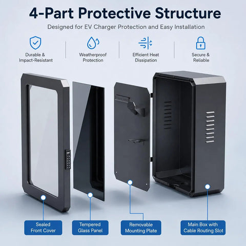 Heavy Duty EV Charger Wall Cover And Tough As Nails Steel Electrical Box featuring removable parts and tempered glass panel.
