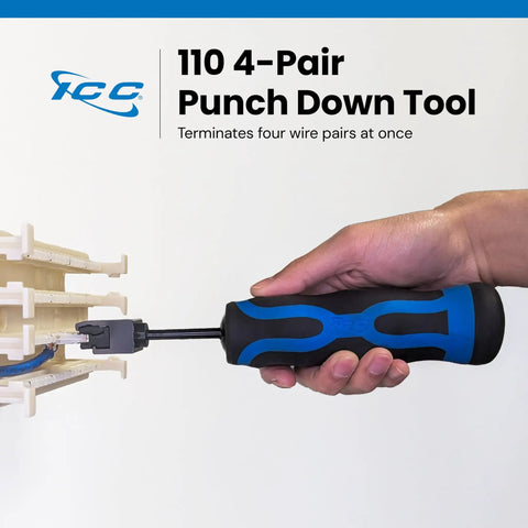 Heavy Duty 110 Punch Down Tool For Four Pair Network Cables And Wiring Blocks with Anti Slip Grip in use on terminal block.
