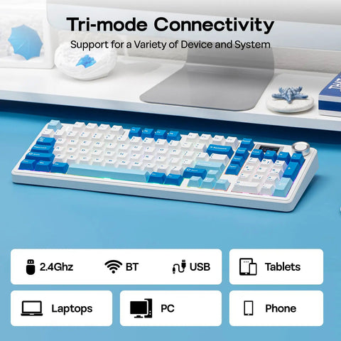 Sick Wireless Mechanical Keyboard With 97 Key Layout Built In Smart Screen Rotary Dial Knob Custom Pbt Keycaps showcasing tri-mode connectivity options.