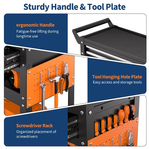 Beefy Five Tier Rolling Tool Cart On Wheels With 400 Lbs Capacity showing ergonomic handle, tool hanging plate, and screwdriver rack
