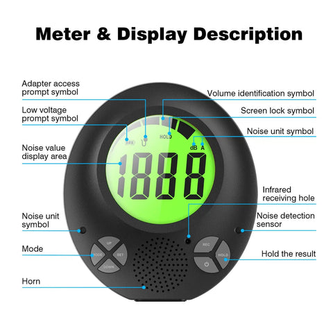 Digital Decibel Meter with DIY Voice Warning, Remote Control, wall mount sound level meter displaying 888, labeled features.