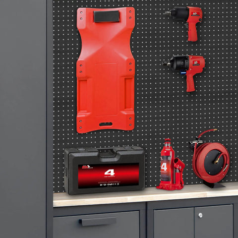 Garage tool organizer with tools mounted on black and grey Six Piece Garage Storage Cabinet Set With Lockers And Wood Workbench.