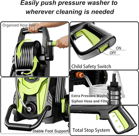 4500 PSI Pressure Washer With 4 Quick Connect Nozzles Inlet Hose And Filter And Foam Cannon showing organized hose reel and controls