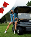 8 Pack Golf Cart Replacement Spring Bushings for Leaf Springs made from durable rubber and plastic, shown with woman and golf cart