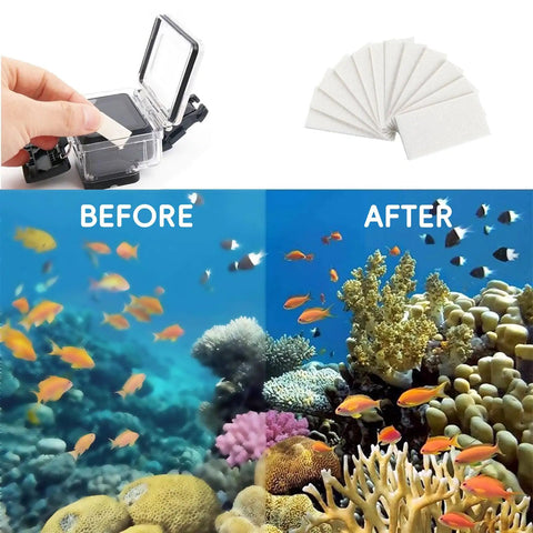 48 Pack Anti Fog Inserts For Action Camera Waterproof Housing, demonstration of clear underwater vision, before and after use