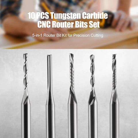 CNC Router Bits Set For Wood PVC MDF Hardwood 10 Pack With 1/8 Inch Shank And 1/16 Inch Cutting Diameter Carbide End Mills Includes O Flute Downcut Upcut 2 Flute Straight Ball Nose Bits For Engraving And Sign Making