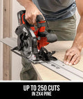 User operating the Badass 20V Brushless Cordless Circular Saw Kit With A Full 7 1/4 Inch Blade Spinning Smooth At 5300 RPM Fully Loaded With Heavy Duty Lithium Battery And Lightning Fast Charger Built To Go, cutting through 2x4 pine wood.