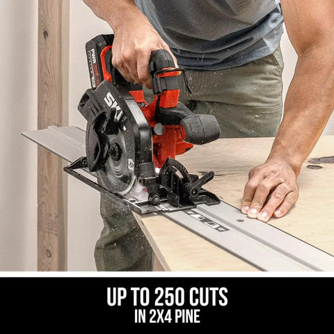 User operating the Badass 20V Brushless Cordless Circular Saw Kit With A Full 7 1/4 Inch Blade Spinning Smooth At 5300 RPM Fully Loaded With Heavy Duty Lithium Battery And Lightning Fast Charger Built To Go, cutting through 2x4 pine wood.