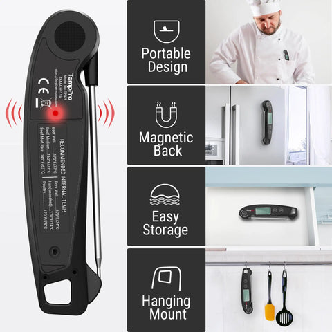 Instant Read Meat Thermometer With 1-Second Accuracy, Waterproof Digital Kitchen Thermometer on fridge showing magnetic back