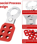 12 Pack Lockout Hasps Kit With Extended Jaw Steel Tamper Proof Loto Hasps For Safety Lockout Interlock Holes 3/8 Inch Inner Jaw 1 Inch Each 4.5 Inch Long Red Padlocks Not Included Heavy Duty shown in detailed view
