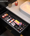 Bathroom Modular Drawer Organizer Set with Stackable 3 Piece Storage Trays for personal care and grooming tools in vanity drawer