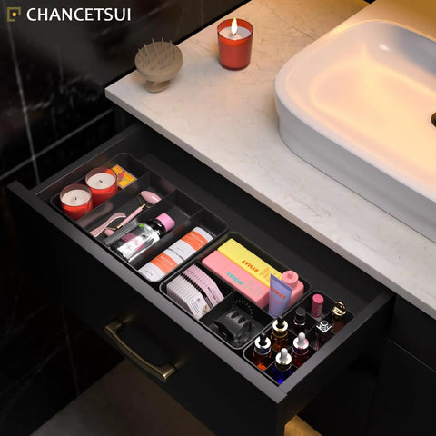 Bathroom Modular Drawer Organizer Set with Stackable 3 Piece Storage Trays for personal care and grooming tools in vanity drawer