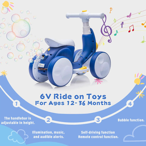6V Electric Baby Balance Bike With Bubble Machine, 4 In 1 Toddler Ride On With Remote Control, blue bike with bubbles
