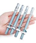 Hand holding Heavy Duty Half Inch By Three Inch Wedge Anchors Zinc Coated For Concrete Walls And Cement Bases 10 Pcs Carbon Steel Anchors