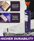 DaduoRi 2-1/2 in pro dry core drill bit with pilot and 3 adapters installed in a drill, drilling into concrete.