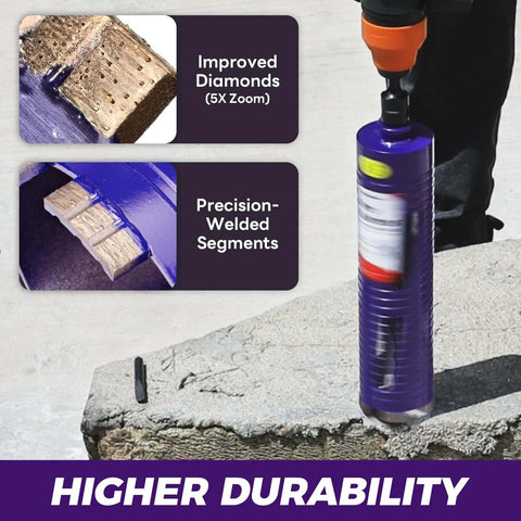 DaduoRi 2-1/2 in pro dry core drill bit with pilot and 3 adapters installed in a drill, drilling into concrete.
