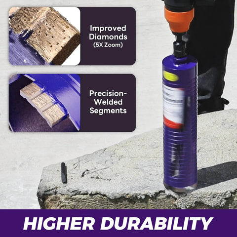 2 Inch Pro Dry Core Drill Bit Set With Pilot Bit And Three Adapters For SDS Plus SDS Max And One Half Hex 9 Point 5 Inch Depth Welded Blade Core Bits For Concrete With Rebar Masonry Brick And Mortar shown drilling into concrete