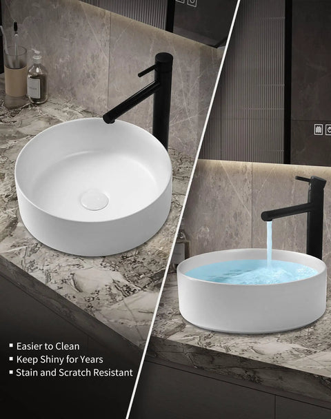 Ceramic Vessel Sink Set 14.4 Inch Round Matte White Above Counter Basin With Faucet And Pop Up Drain Modern Bathroom Vanity Bowl