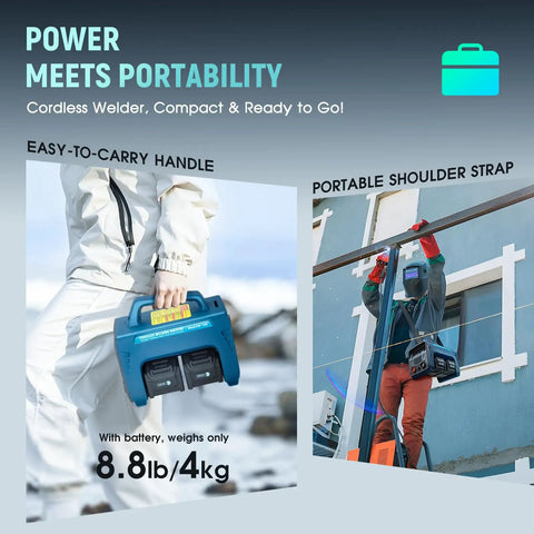 Cordless MMA Welder 160A 110V Dual Battery Powered With 8000mAh Li Ion Batteries or Battery Bank shown being carried and used on a ladder
