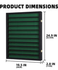 Wall Mount Golf Ball Display Case dimensions shown with black frame and green felt interior, holds 110 balls, UV protection, gold lock.