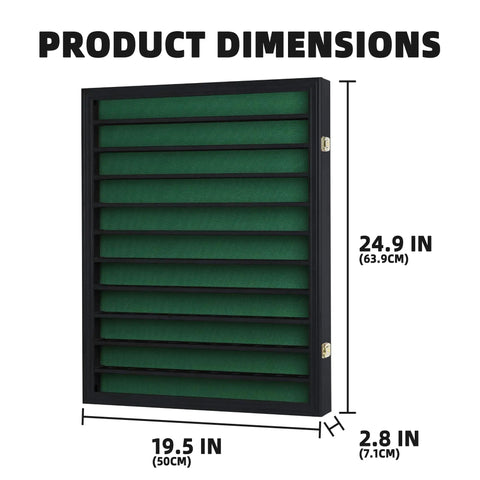Wall Mount Golf Ball Display Case dimensions shown with black frame and green felt interior, holds 110 balls, UV protection, gold lock.