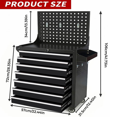 Rolling Tool Chest With Wheels For Garage Or Workshop, 7 Drawers Metal Tool Box With Pegboard, heavy duty steel construction