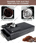 No Sweat Electric Portafilter Cleaning Machine And Espresso Knock Box With Integrated Scraper Brush Holder For 58mm Filter Group showing before and after cleaning coffee grounds.