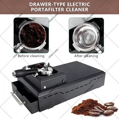 Heavy Duty Electric Portafilter Cleaner And Oversized Coffee Knock Box With Solid Stainless Steel Grounds Bucket for espresso cleanup.