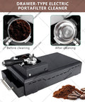 Electric Espresso Grounds Collection Box With Automatic Portafilter Cleaner For 58mm Filters, before and after cleaning setup.
