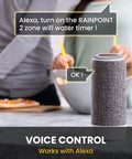 Smart WiFi Hose Timer For Garden Watering With Alexa Voice Control displayed near a speaker with voice command example