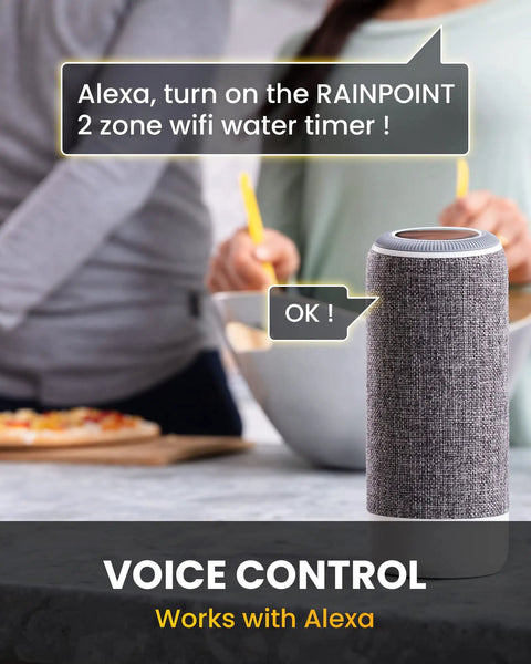 Smart WiFi Hose Timer For Garden Watering With Alexa Voice Control displayed near a speaker with voice command example