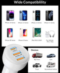 70W 3 Port Fast Car Charger With USB C PD And USB A QC Quick Charge compatibility with Apple devices and vehicles.
