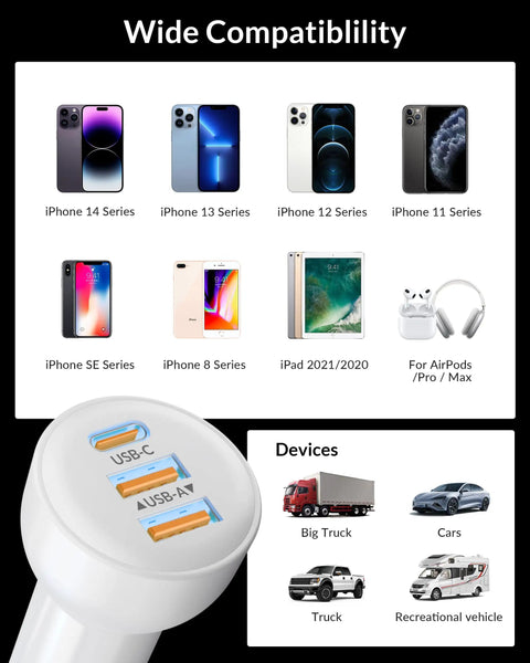 70W 3 Port Fast Car Charger With USB C PD And USB A QC Quick Charge compatibility with Apple devices and vehicles.