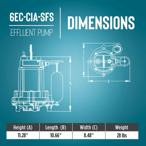 Technical diagram of One Third Horsepower Submersible Sump Pump With Cast Iron Construction A Real Workhorse Built To Last, dimensions listed