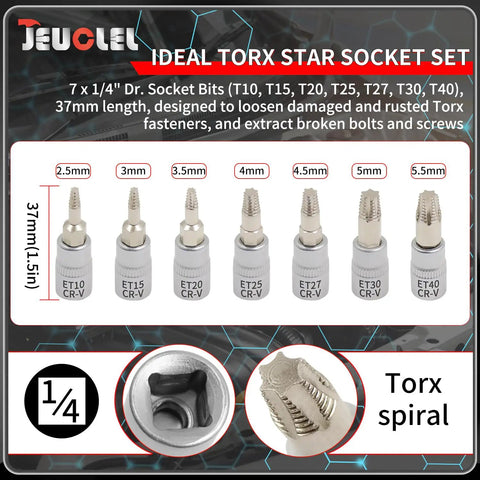 7 Piece Torx Star 6 Point One Quarter Inch Impact Drive Socket Kit With Broken Bolt Extractor for stripped fasteners, image showing socket sizes T10 to T40.