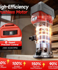 Cordless 800W Brushless Palm Router Kit for On The Go Woodworking with 6 speed control, focusing on high efficiency motor detail