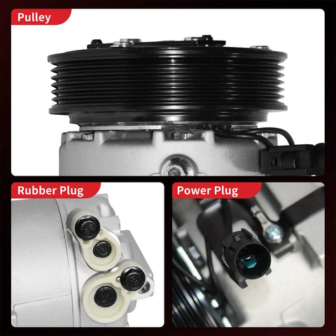 Heavy Duty AC Compressor With Clutch Fits Hyundai Elantra 2011 To 2013 1.8L And Kia Soul 2012 To 2013 2.0L showing pulley and plugs.