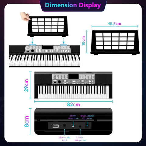 Dimension display for the Dope 61 Key Digital Piano With Dual HiFi Speakers LED Display 51 Function Buttons Dual Keyboard.