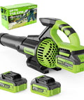 Cordless Leaf Blower With 715 CFM Airflow And 200 MPH Wind, showing brushless motor, batteries, and charger included