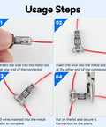Usage steps for 3 Way T Tap Wire Connectors For 18 22 AWG Wires Solderless No Stripping Quick Splice with red wires.