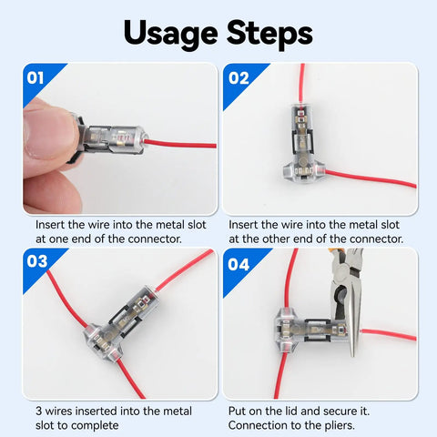 Usage steps for 3 Way T Tap Wire Connectors For 18 22 AWG Wires Solderless No Stripping Quick Splice with red wires.