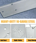 Close-up of a heavy-duty 16-gauge steel sheet showing rust resistance and sight holes for the 12 Inch Sheet Metal Folding Tool With Dual Depth Gauges One Inch And Three Eighths Inch Depth For HVAC Roofing Projects Rust Resistant Coating Heavy Duty And Easy To Use.