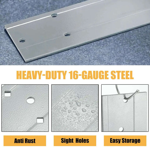 Close-up of a heavy-duty 16-gauge steel sheet showing rust resistance and sight holes for the 12 Inch Sheet Metal Folding Tool With Dual Depth Gauges One Inch And Three Eighths Inch Depth For HVAC Roofing Projects Rust Resistant Coating Heavy Duty And Easy To Use.
