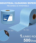 Hella Absorbent Heavy Duty Cleaning Cloths Jumbo Roll In Royal Blue, 500 sheets, 8x12 inch roll, ideal for industrial cleaning.