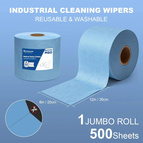 Hella Absorbent Heavy Duty Cleaning Cloths Jumbo Roll In Royal Blue, 500 sheets, 8x12 inch roll, ideal for industrial cleaning.